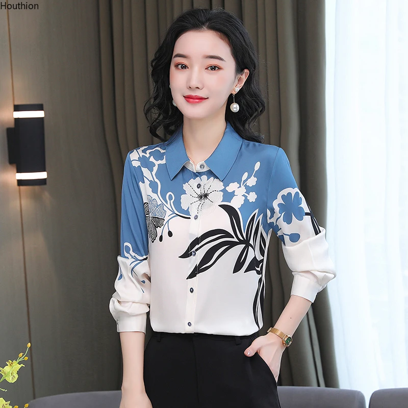 

Silk Women's Blouse Polo Girl's Shirt Summer Fashion Long Sleeve Top Print Loose Casual Retro Female Clothing Houthion