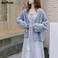 womens spring autumn sweet pearl button knitted coats 2021 korean graceful v neck solid sweater cardigan lady loose outerwear