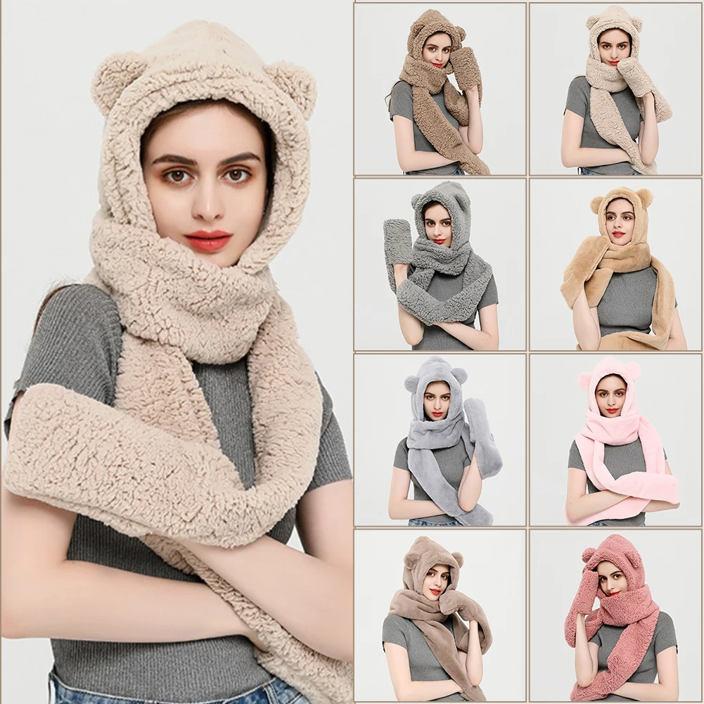 

3 In 1 Womens Cute Hooded Scarf with Gloves Set Soft Plush Thick Winter Warm Hoodie Hat Neck Gaiter Long Ear Flaps Mitten New