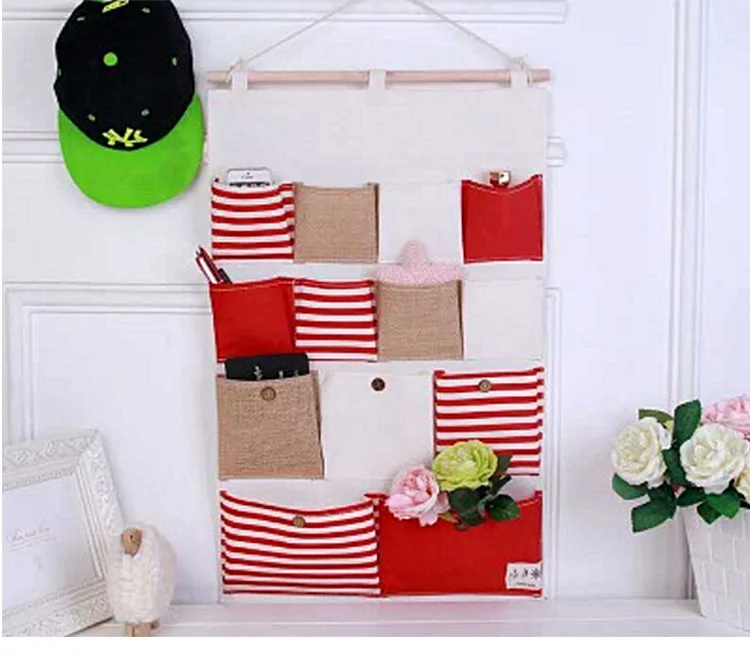 

13 Pocket Wall Hanging Organizer Bag Striped Linen Multi-Layer Holder Practical Storage Bag Rack Makeup Storage Box Basket