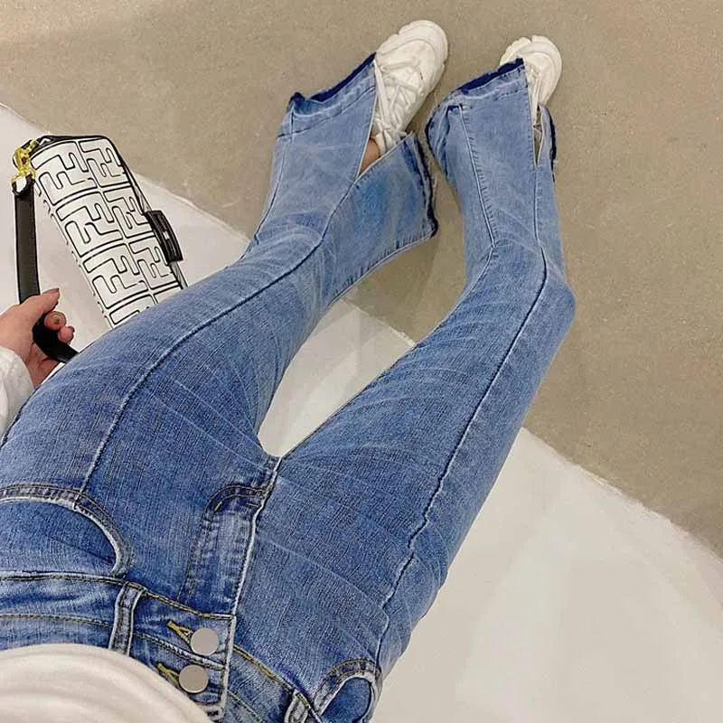 

Retro Women Jeans High Waist Korean Contrast Jeans Women Slim Split Design Trousers Flared Pants Women Fall 2021 Mom Jeans