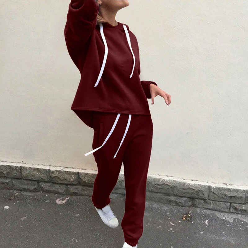Wine Red Sfit Женская одежда из 2 частей-однотонный пуловер толстовки с длинным рукавом пуловер Толстовка обтягивающие длинные штаны Фитнес Спортивный костюм набор - Цвет: Wine Red