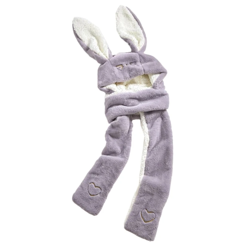 

896E Rabbit Ear Hat 3 in 1 Furry Hoodies Hat Scarf & Gloves Set Sweet Bunny Headband Cap for Women Teen Girls Windproof Combo