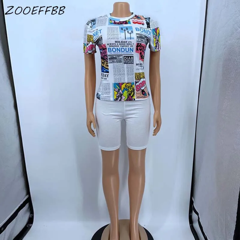 

ZOOEFFBB Aesthetic Newspaper Print Two Piece Outfits for Women Clothes Tshirt and Shorts 2021 Summer Lounge Wear Matching Sets