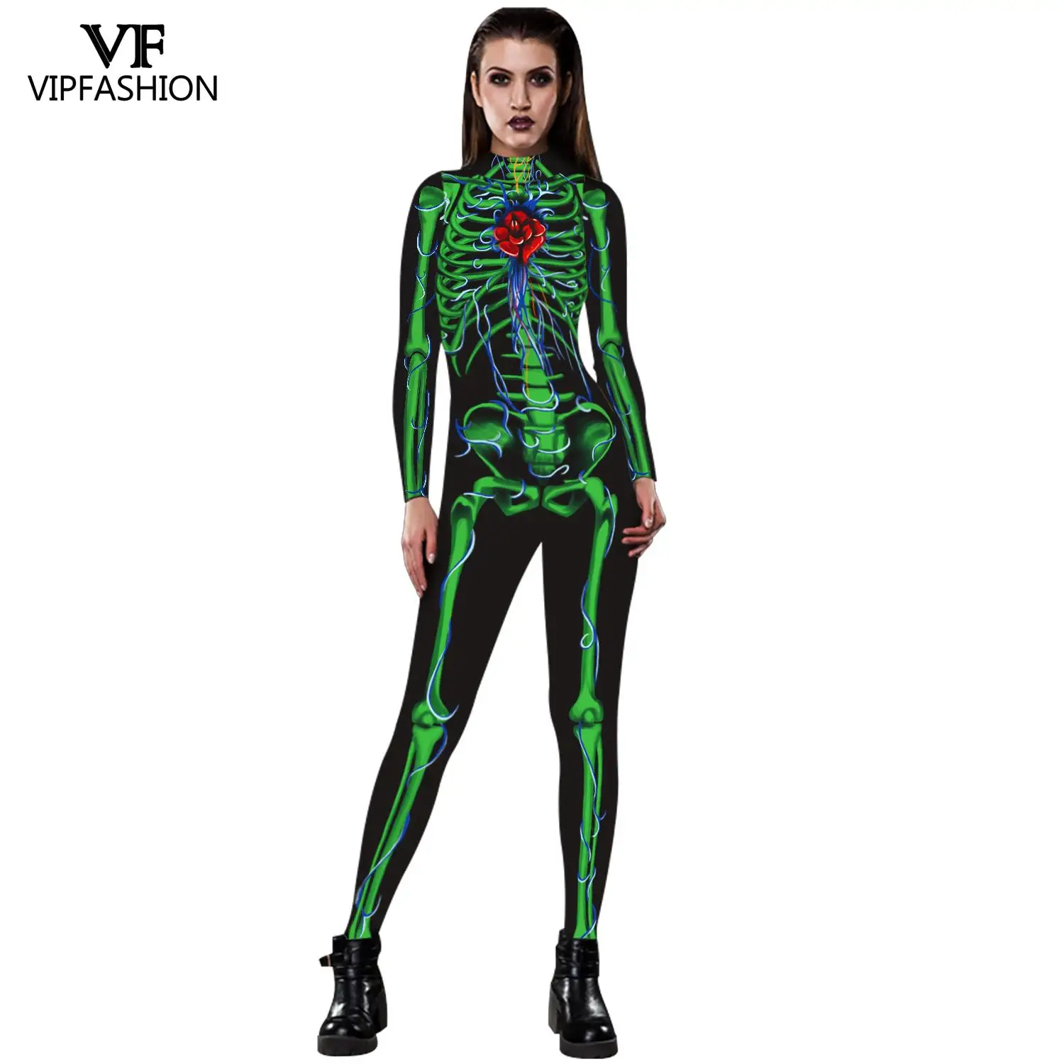 VIP модные COS женские пикантные розовые с принтом скелета Комбинезоны длинным