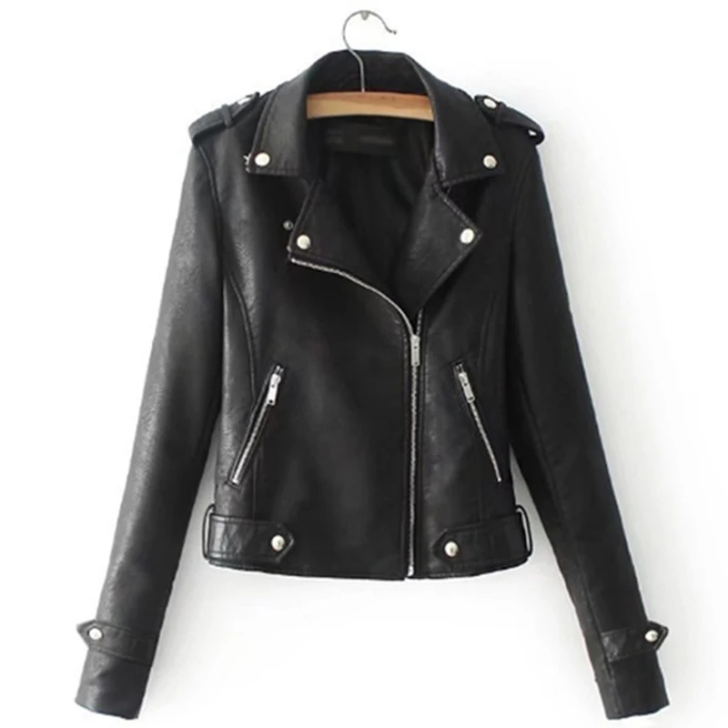 Женская короткая мотоциклетная куртка из мягкой искусственной кожи на