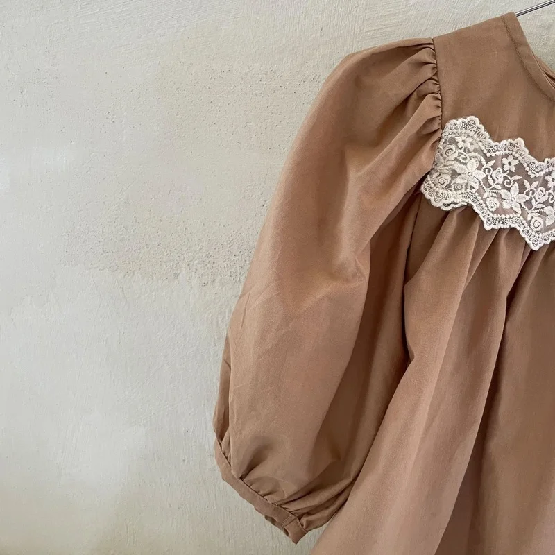 

Fall 2021 Girl Forest Retro Lace Stitching Long-sleeved Dresses Toddler Children Solid Color Fashion Casual Princess Dress
