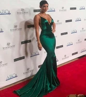 sexy long green satin mermaid celebrity evening dress spaghetti criss cross back pleated prom party gown robe de soiree