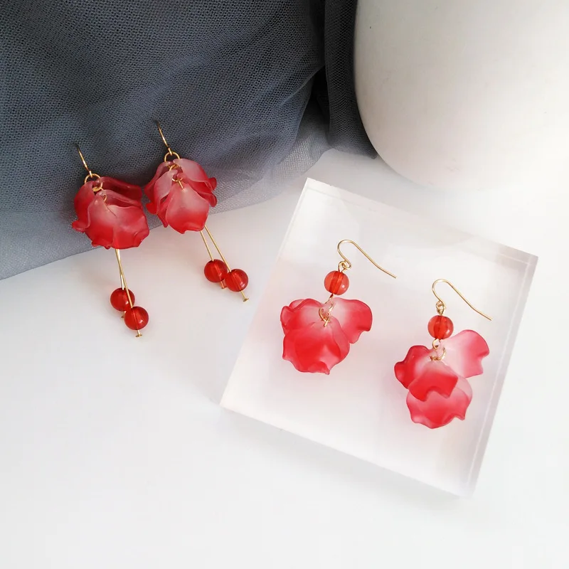 Aretes de mujer, современный стиль, дизайн, большие красные лепестки роз, серьги с кисточками, тренд, темперамент, летние корейские серьги для женщин