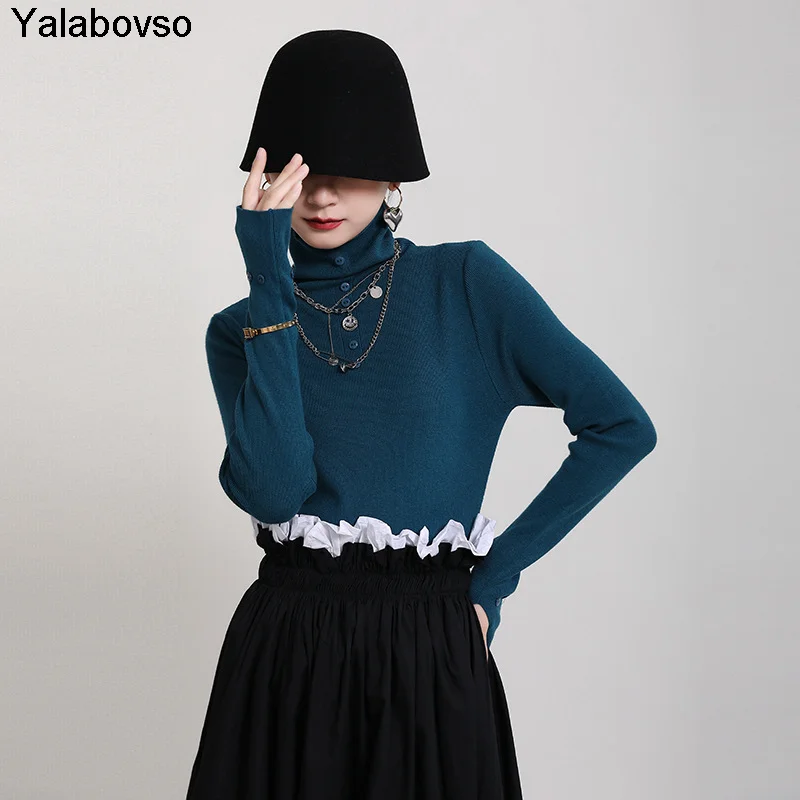 

Женский облегающий тонкий свитер с высоким воротником, 3 цвета, новинка сезона осень-зима 2020, пуловер на пуговицах с длинным рукавом