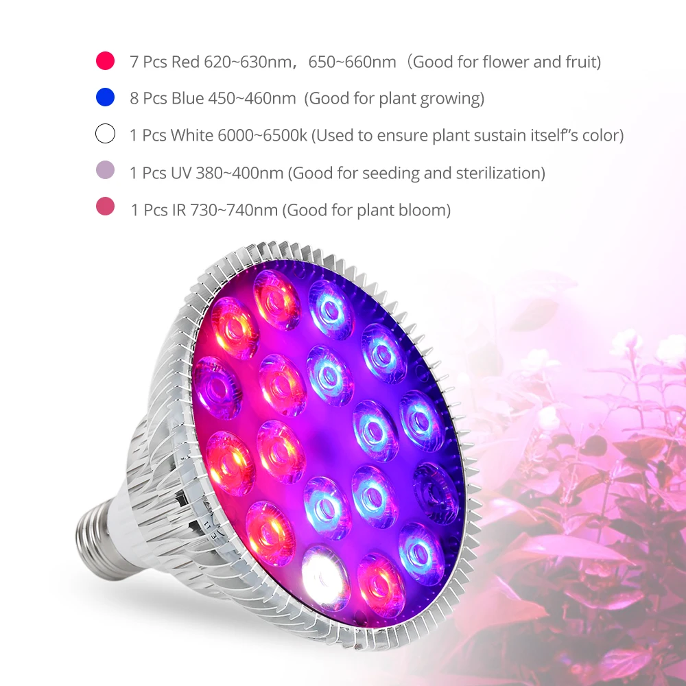54 Вт полный спектр светодиодный светильник для выращивания E27 лампа УФ ИК 18 s