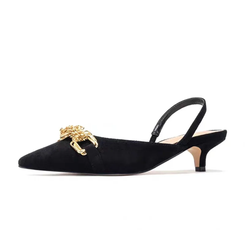 

2021 New Thin Heel Black Women's Sandals Metal Decorative Shallow Mouth Pointed Sandals Cat Heel High Heels shoes