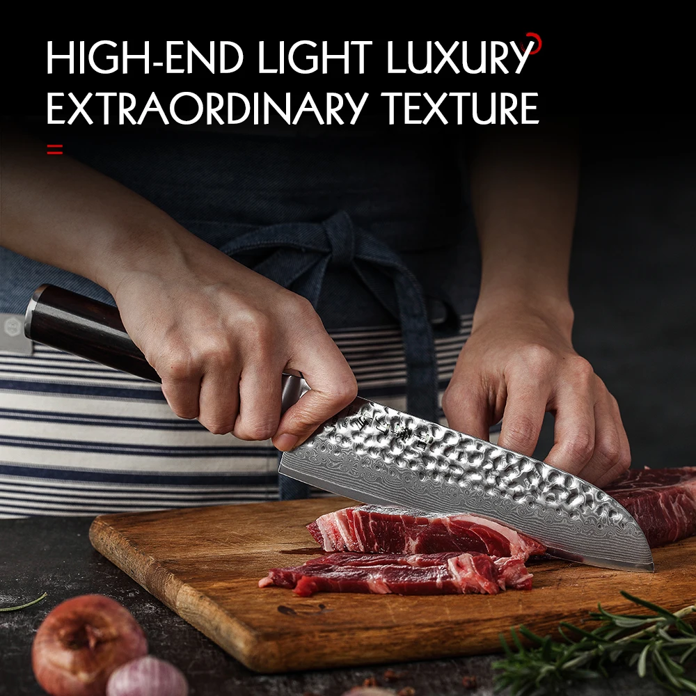 

HEZHEN Classic Series Damascus Steel 7 Inches Santoku Knife Japanese Cook Premium Ebony handle Beautiful gift Box Kitchen Knife