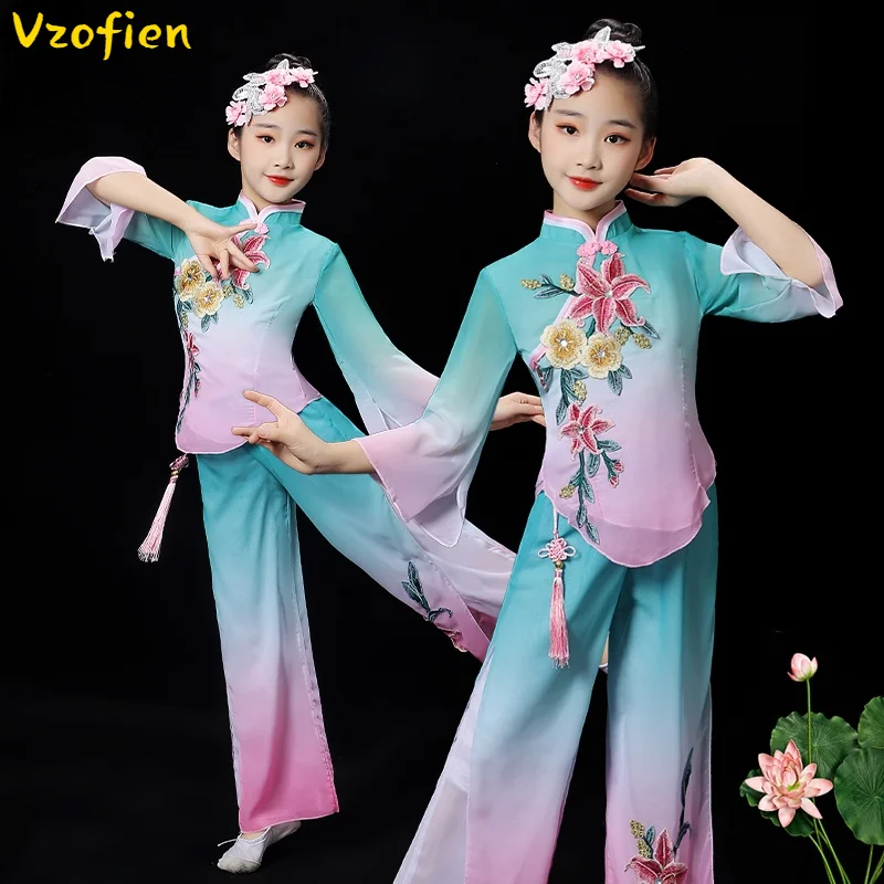

Classical Chinese Style Yangko Dance Performance Costume Girls Elegant National Dance Wear Umbrella Fan Hmong Clothing for Stage
