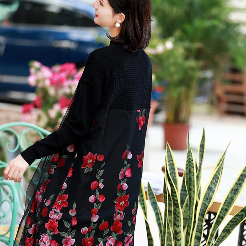 

2020 new winter sweater stitching loose big yards dress embroidery embroidered gauze dress