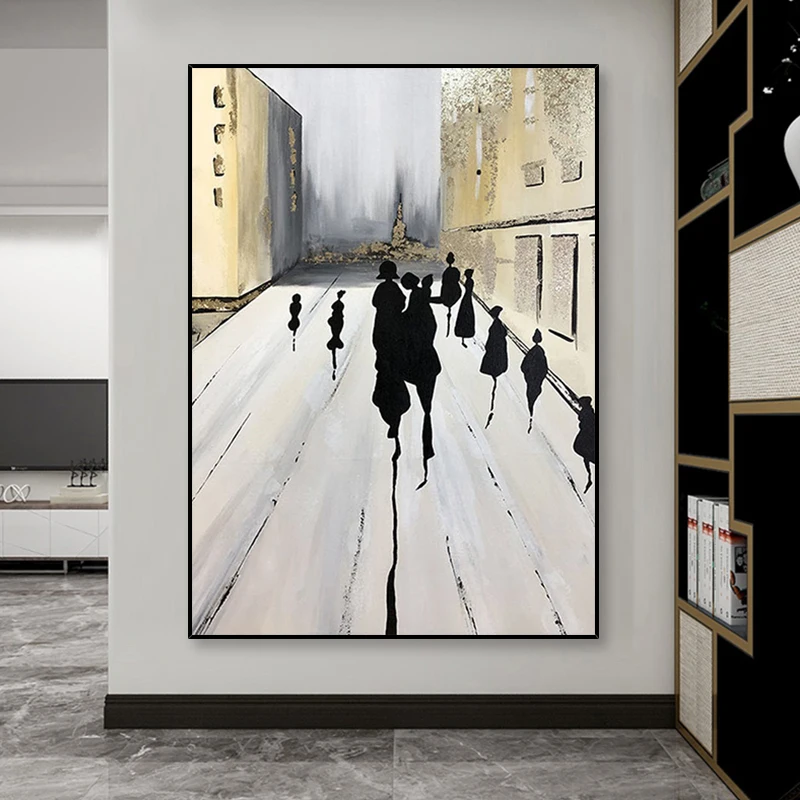 

Hand-Painted 3D Abstract Black and White City Oil Painting on Canvas Wall Hang Art for Living Room Bedroom Home Decor No Framed