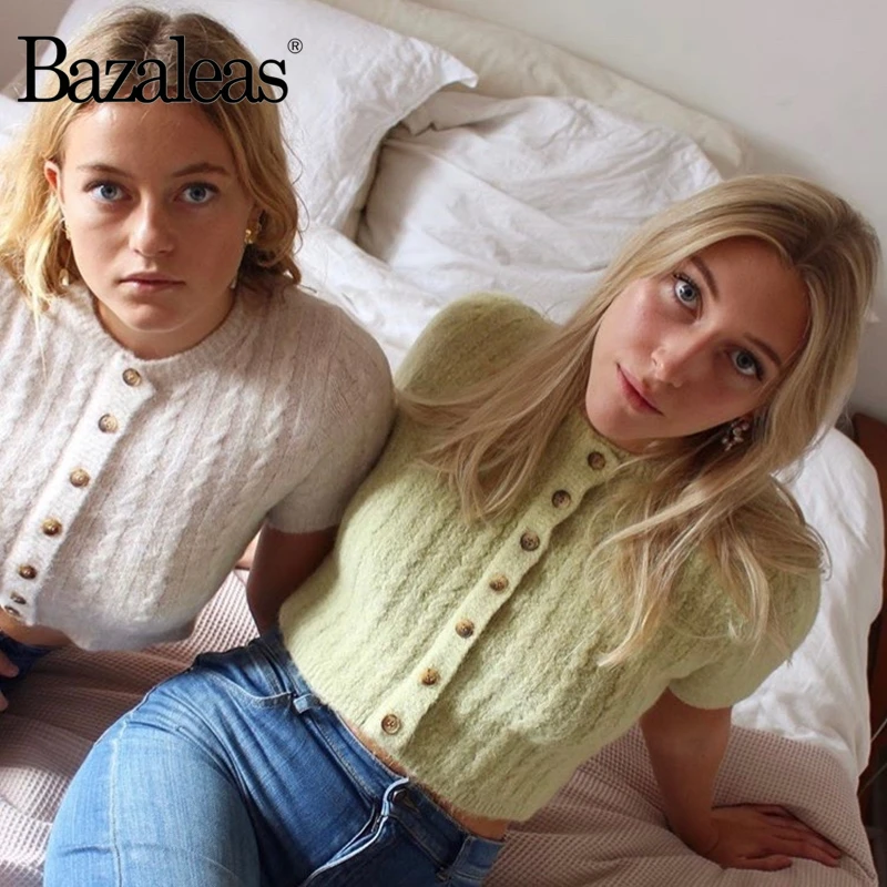 Bazaleas французский розовый хлопковый свитер Харадзюку с круглым вырезом и