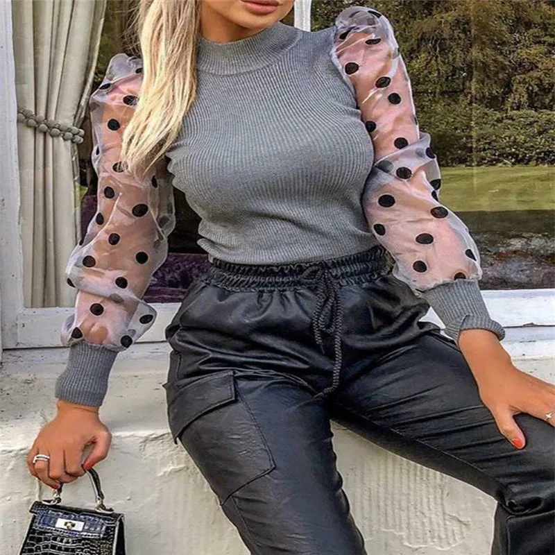 

Fashion Mesh Long Sleeve Bodysuit Women Knitted Skinny Sexy Polka Dot Bodysuit Elegant Ladies Long Sleeve Bodysuits Jumpsuit