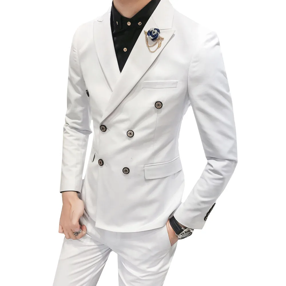 

3 piece set men's double-breasted solid color slim suit business casual solid color blazer wedding bridegroom banquet dress set