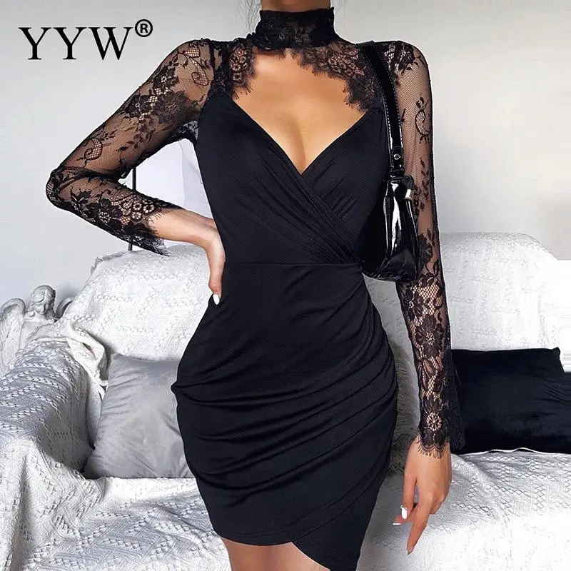 

2021 Fashion Party Sexy Black Lace Mini Dress Women Spring Autumn Long Sleeve Elegant Dresses Evening Party V-neck Slim Clothing
