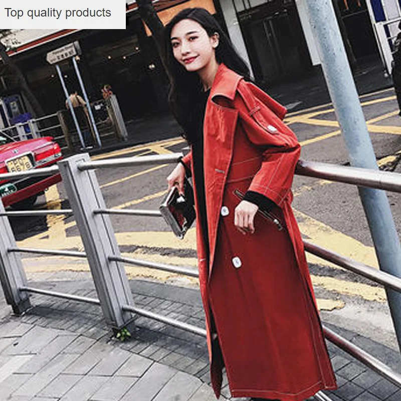 

Женский двубортный Тренч с поясом, красное Свободное пальто-ветровка с длинным рукавом, весна-лето 2020