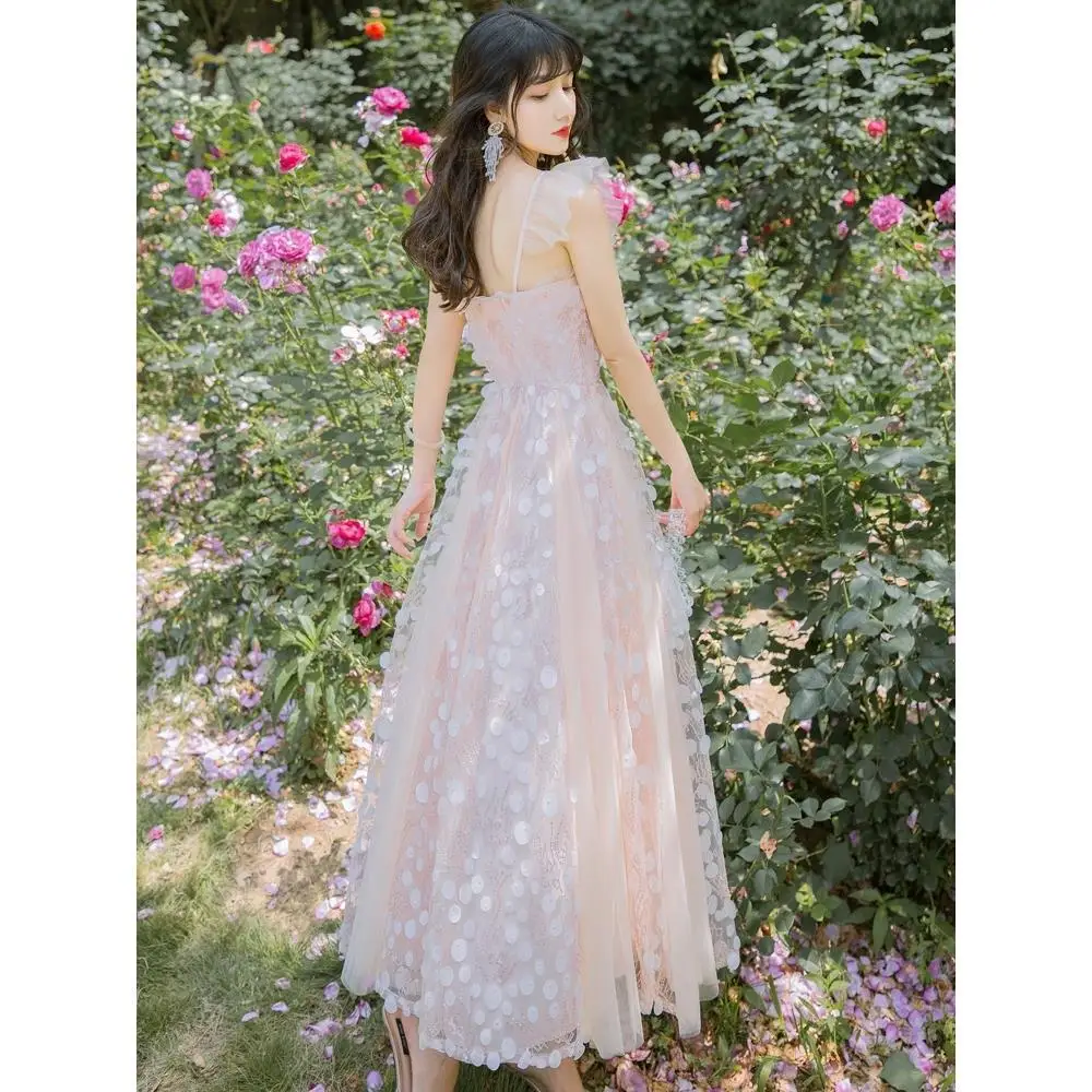 

French Style Fairy Dress Pink Sling Swing Dotted Prints Maxi Dress Women Mori Style Mesh Long Dress Sweet Elegant Slimming Dress