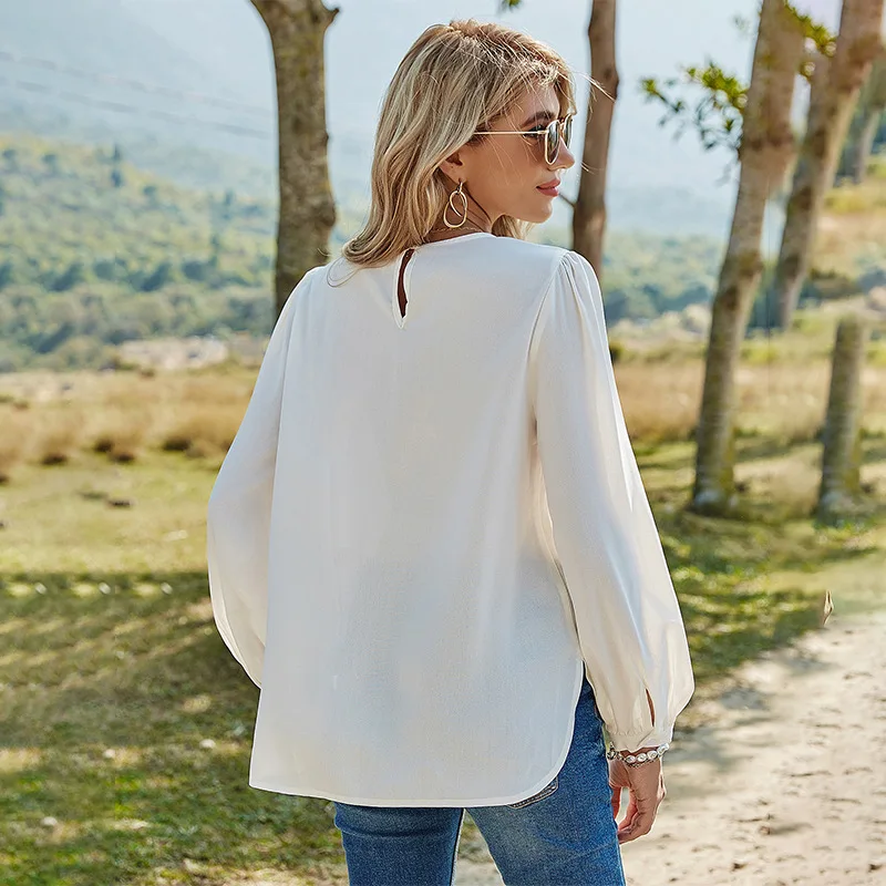 

Spring Lace Patchwork Blouses Women Casual Lantern Sleeve White Floral Blouse Shirt Top For Women 2021 New