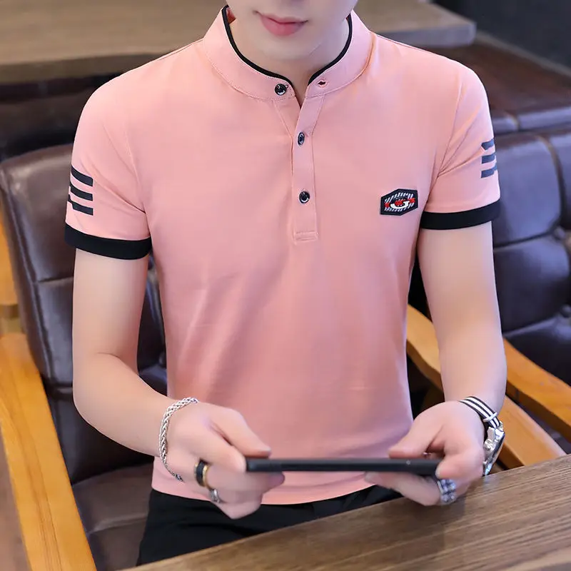 

[High Quality Cotton] New Polo Shirt Men's Short Sleeve T-shirt Summer Korean Style Trendy Stand Collar Half Sleeve Shirt