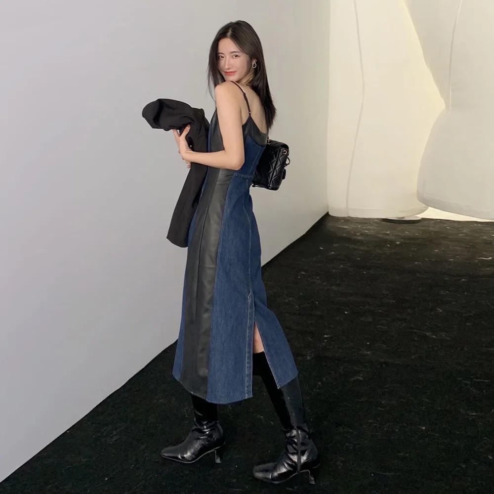 Женское платье 2022 осень шикарные Спагетти ремень Сплит Джинсы Сращивание ПУ кожа