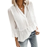 womens shirt autumn new solid color hollow stitching ruffled v neck shirt women