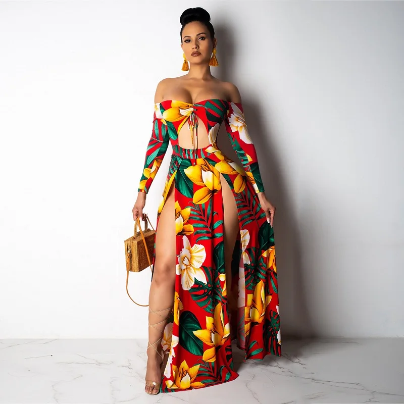 Женское длинное платье макси с открытыми плечами летнее облегающее цветочным
