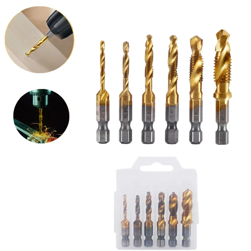 

6PCS/Set Tap Drill Bit HSS Titanium Plating Multifunction Tools Drilling/Tapping/Chamfering M3 M4 M5 M6 M8 M10 Metric Hex Shank