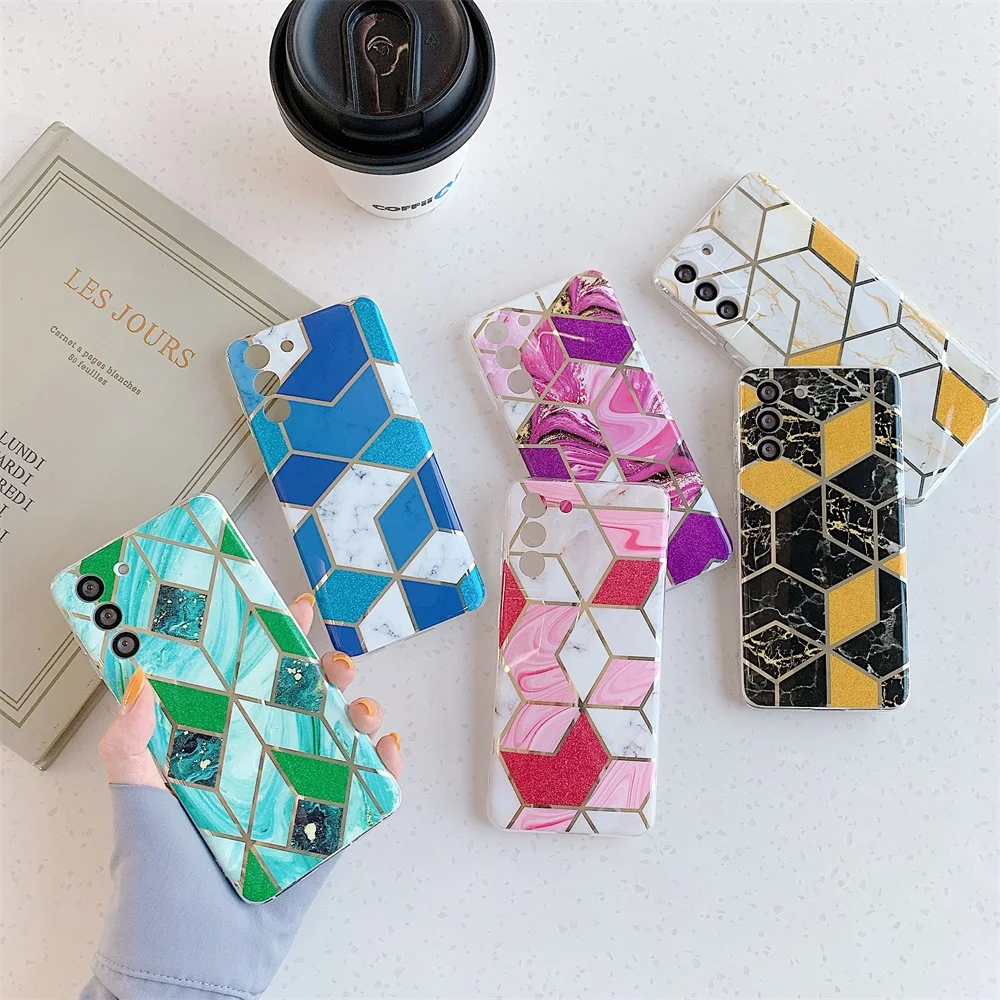 

Geometric Splicing Phone Case for Samsung A71 Coque Grid Plating Soft IMD Cover for Samsung A50 A70 A20S A21S A51 A52 A72 Fundas