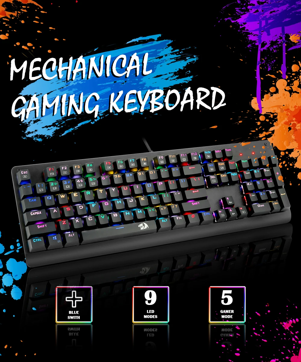 Redragon, новинка, K581, RGB, USB, Механическая игровая клавиатура, синий переключатель, светодиодная подсветка, 104 ключ, Проводная компьютерная игра, FPS, мопс, Overwatch