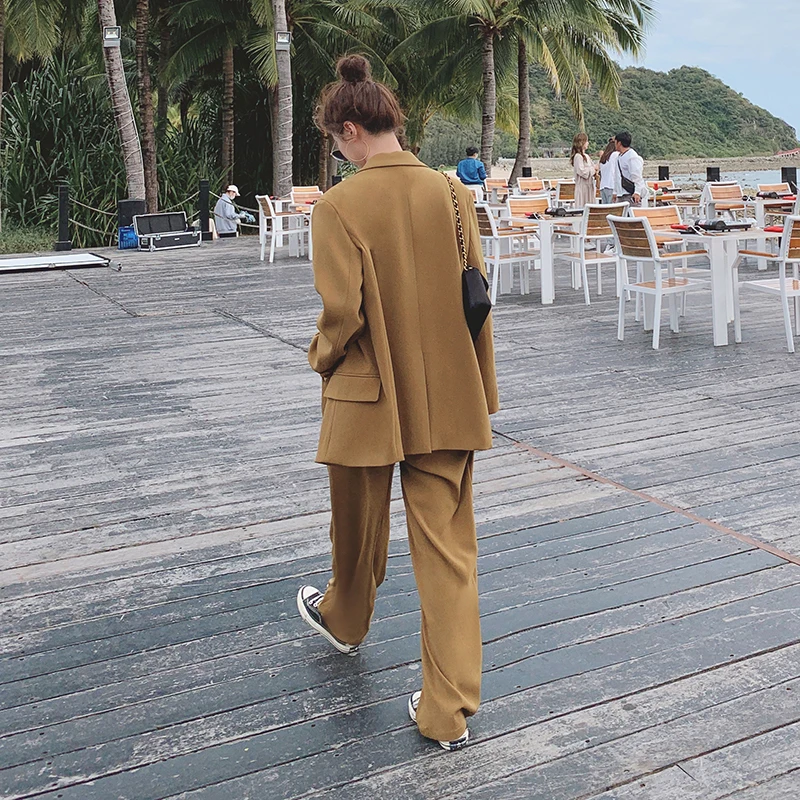 

Spring Autumn Pant Suits For Women Office Causal Loose Blazer Women High Elastic Wasit Wide Leg Pants Trousers Sets