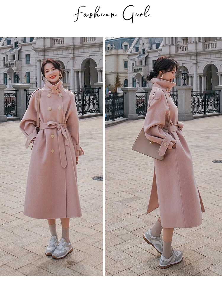 

Elegant Mid-length Korean Loose Plus Size Outwear Casacos Femininos 2020 New Woolen Coat For Women Fahion Double Breasted Pink