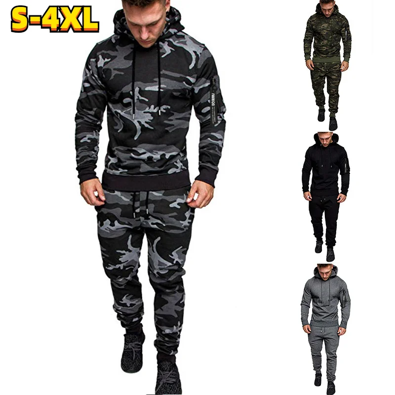 

Модные мужские толстовки, костюм из 2 предметов, спортивный пуловер с длинным рукавом, Осень-зима, камуфляжный свитшот, куртки