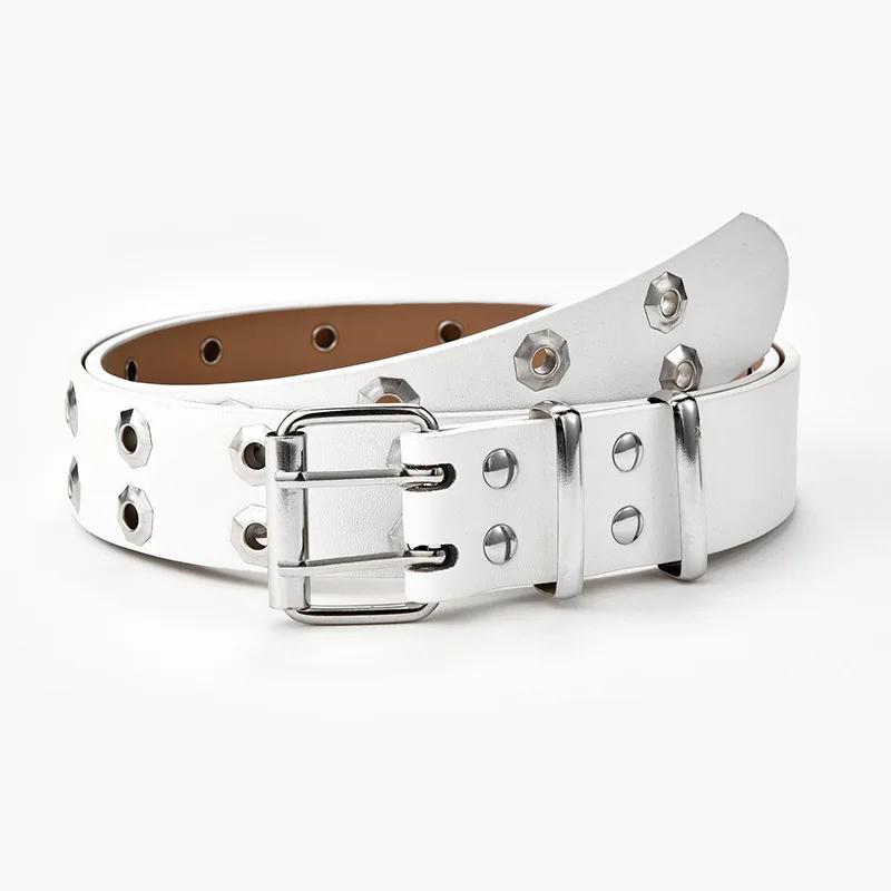 

Double Grommet PU Leather Belt for Women/Men Punk metal Jean Belt Wide