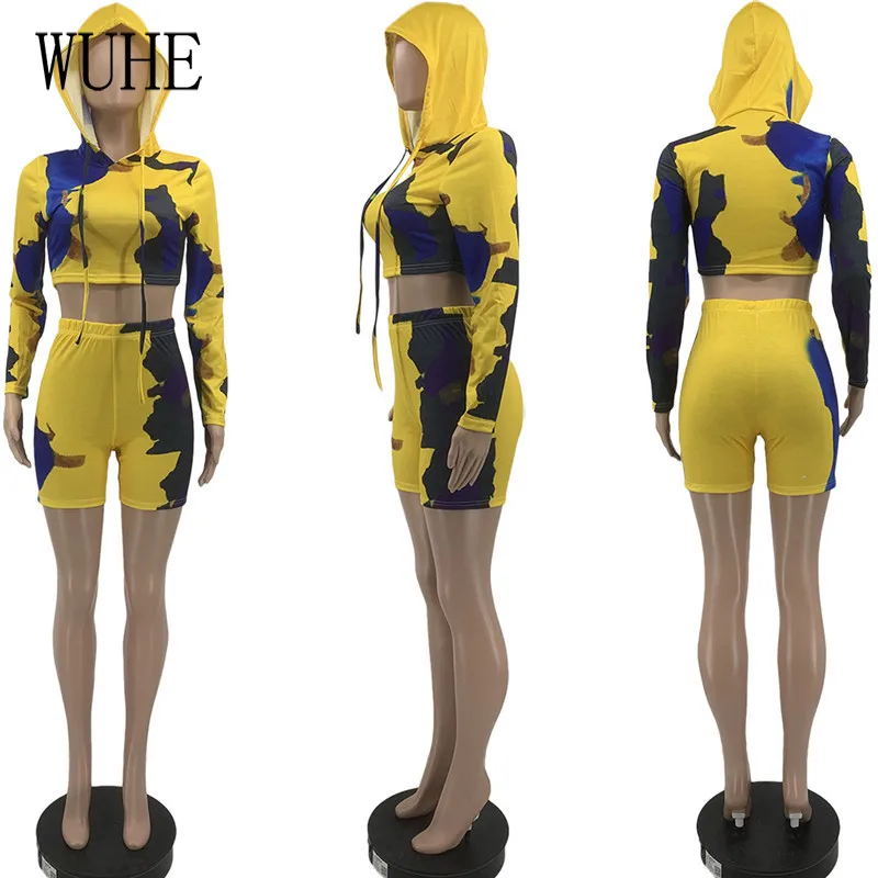 

YEYA Two Piece Set Women Tracksuit Camouflage Print Hooded Crop Top and Elastic Waist Shorts Set Summer Casual Outfit Sportswear