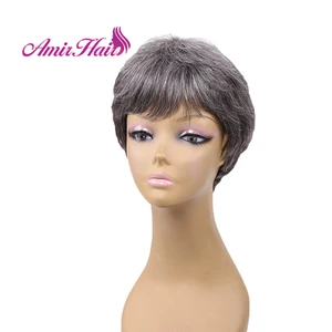 Amir Synthetic Short Pixie Cut Grey Wigs for Women Black Wig with Bangs Ombre Brown Wigs Natural Gray Hair short Straight wig