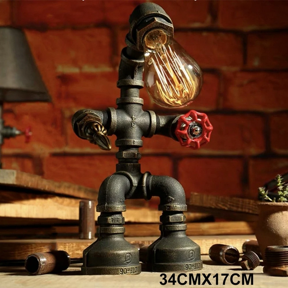 

Vintage Iron Table Lamp Water Pipe Robot Table Lamps for Living Room Bedroom Desk Decor Light Night Bedside Lamp