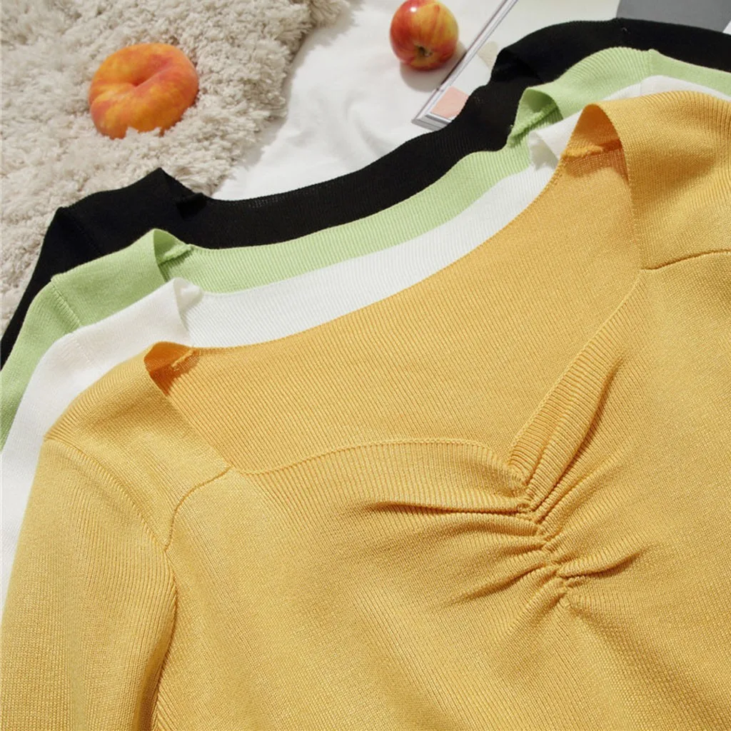 

Womail Slim High Elastic Women Sweater Bottoming Retro V-neck Tops Sweater Casual Solid Pretty Fashion Women's Sweater
