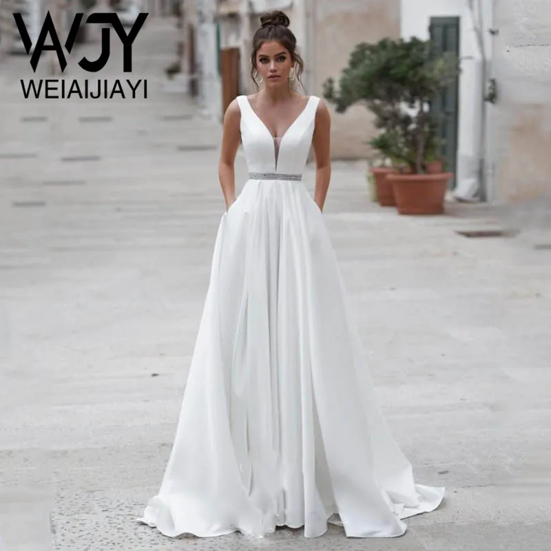 

Customize Simple Deep V Neck Satin Wedding Gown Open Back Beach Bridal Dress Dresses Sexy vestido de novia robe de mariee