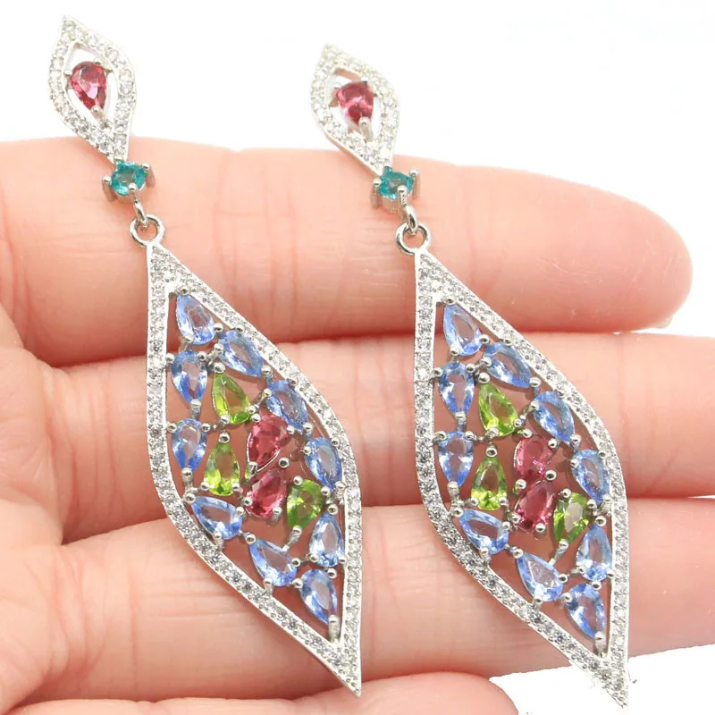 Женские серебряные серьги 67x17 мм Разноцветные из розового граната перидота