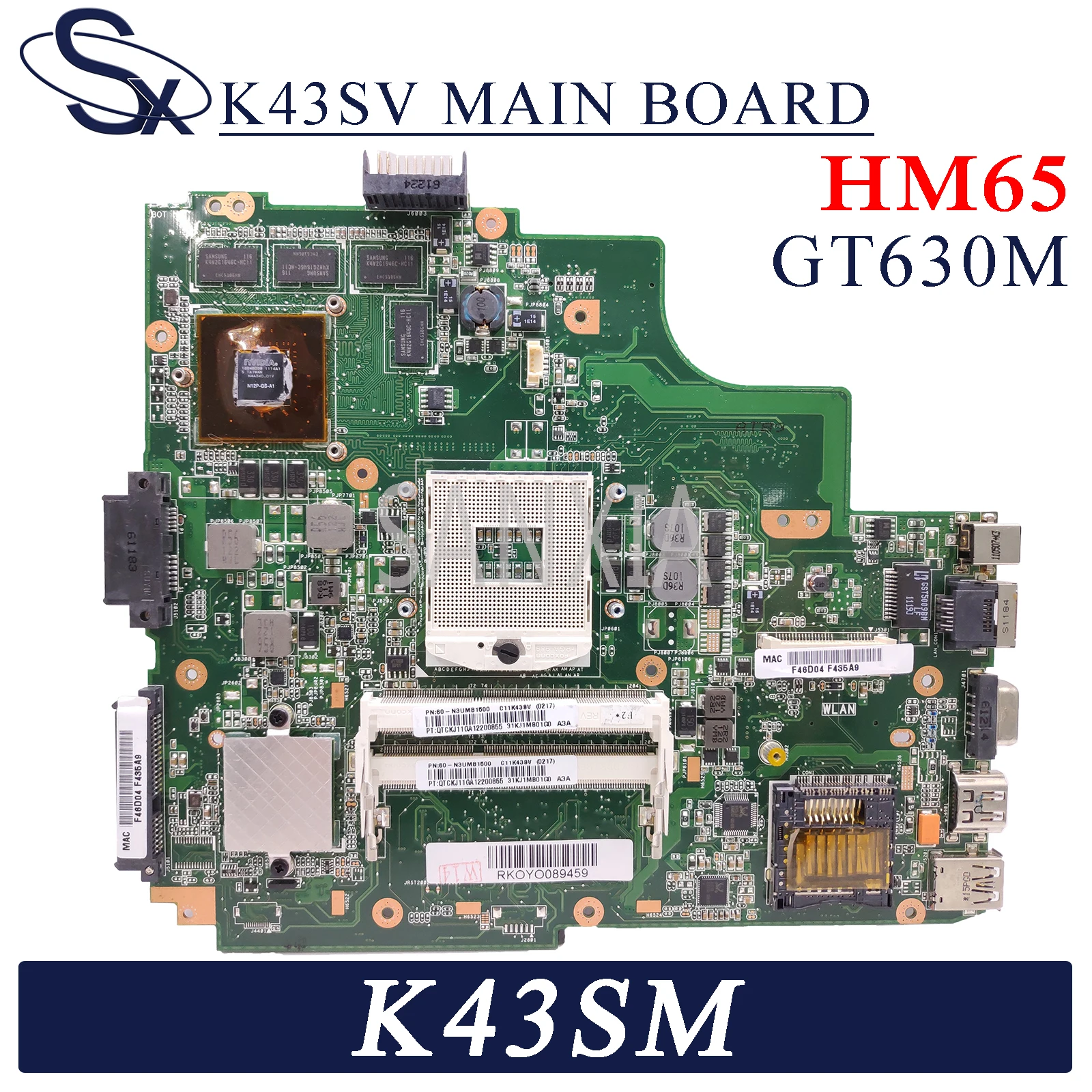 

KEFU K43SV Laptop motherboard for ASUS K43SM K43SJ K43SC K43S original mainboard HM65 GT630M