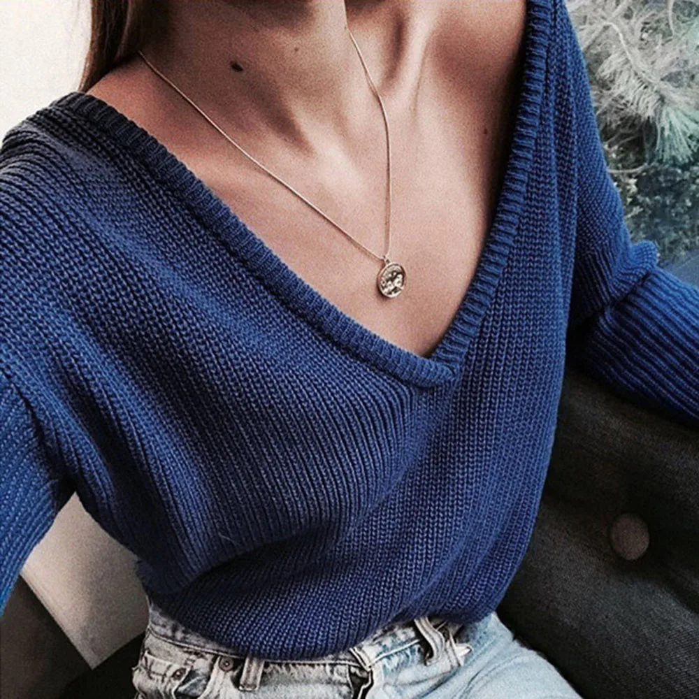 Sweater Women Oversize Female Casual Deep V Neck Knitted Jumper Tops Long Sleeves Women's Chic Tricot |