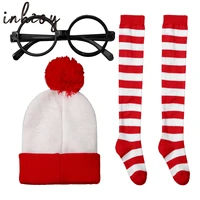 adult women girls costume sets red and white striped knit beanies striped socks nerd glasses christmas cosplay accessories