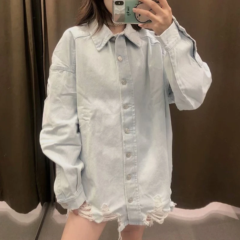 

2020 Spring Streetwear Frayed Denim Shirt Womens Solid Button Long Sleeve Oversize Casual Loose Jeans Tops Female Blouses Blusas