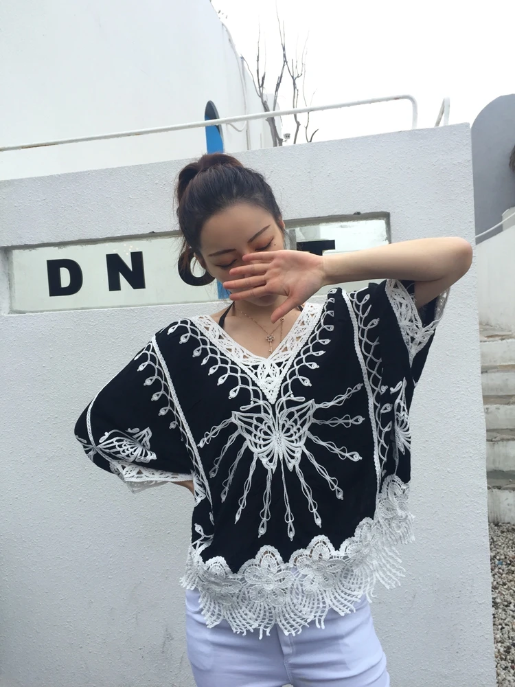 

B3353 Summer Blouse Women Bohemian Butterfly pattern Embroidered Short Sleeve Tops Casual Womens Cotton Tunic Shirts Blouse