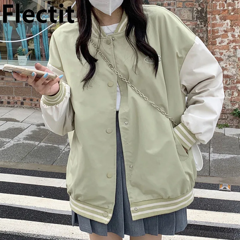

Flectit Varsity Jacket Women Bomber Jacket Pastel Green Pink Snap Front Autumn Winter Windbreaker Coat Female Outerwear